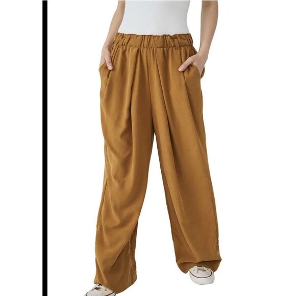 Free People Nothin to Say Pleated Pant Womens Small Gold Brown Wide  Lagenlook - Picture 1 of 16